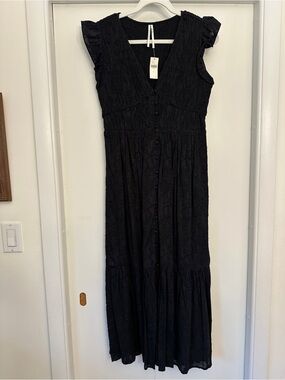 Anthropologie Black V-Neck Button-Front Maxi Dress